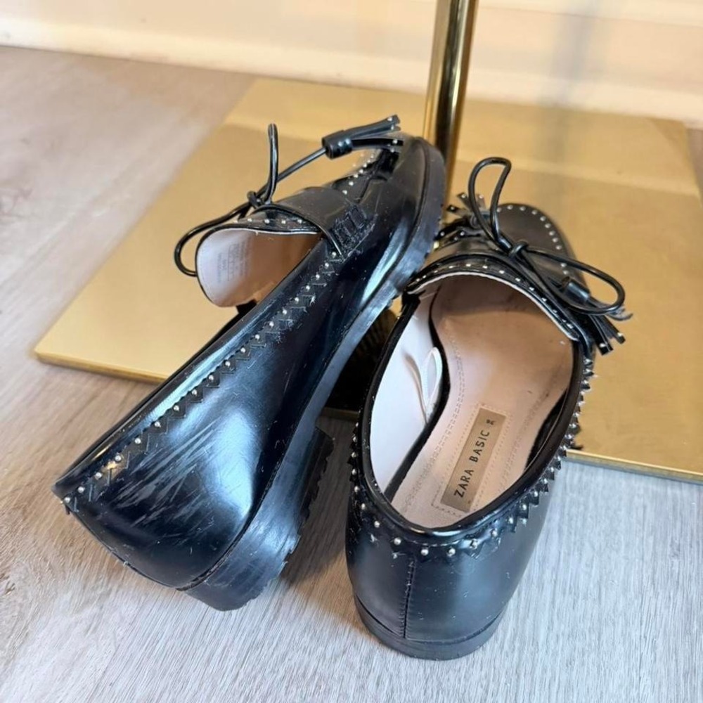 ZARA BASIC Black Studded Bow Tasseled Loafer Flats Cushioned Women's EU 36 - Picture 5 of 7